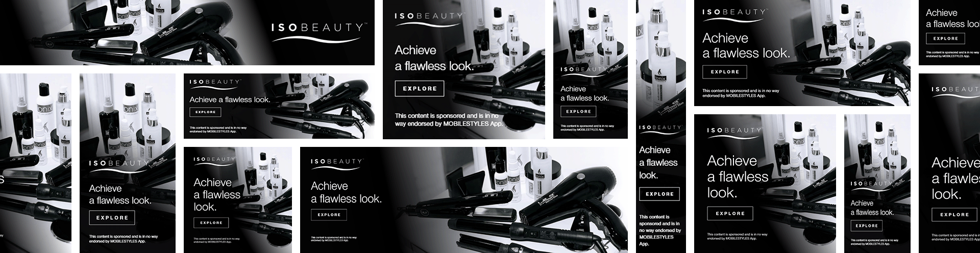 black and white ISObeauty advertisement collage with 18 different size options
