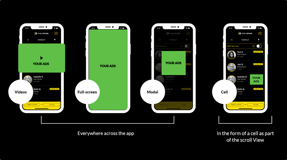 4 iphone screens side by side showcasing green boxes where advertisements go 4 iphone screens side by side showcasing green boxes where advertisements go