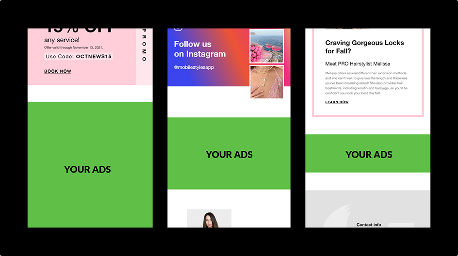 3 screenshots of the MOBILESTYLES newsletter with green boxes showcasing where advertisements go 3 screenshots of the MOBILESTYLES newsletter with green boxes showcasing where advertisements go